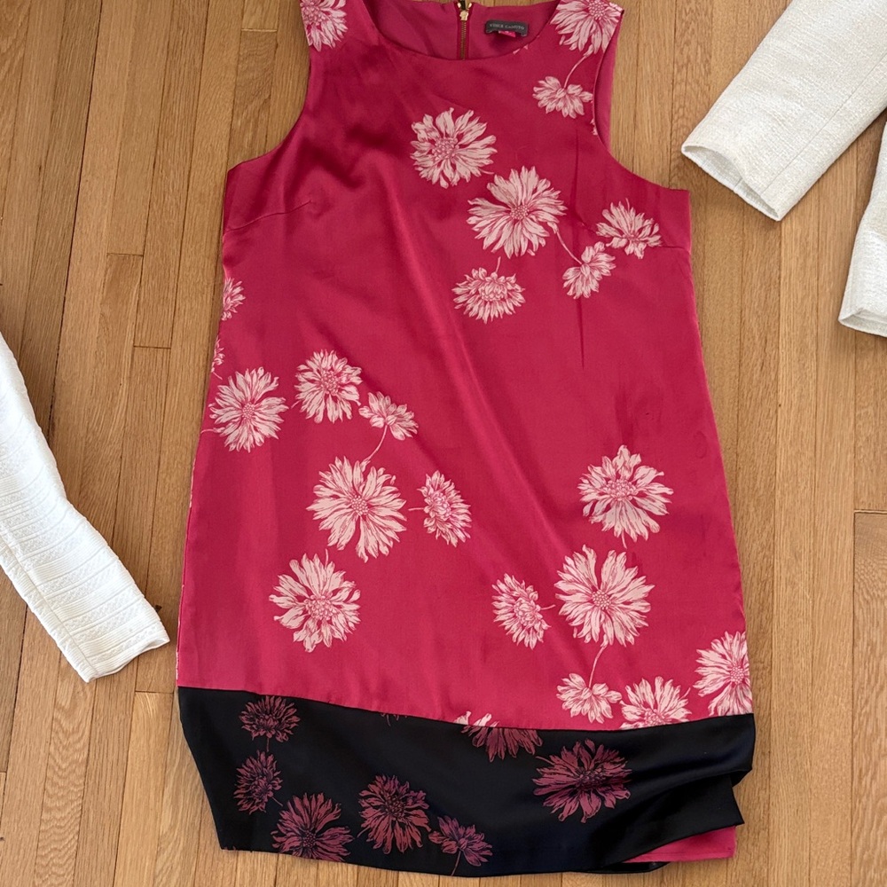 Vince Camuto Raspberry Pink Floral Silk Slip Dress with Black Contrast Hem